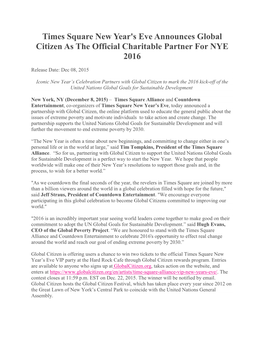 Times Square New Year's Eve Announces Global Citizen As the Official Charitable Partner for NYE 2016