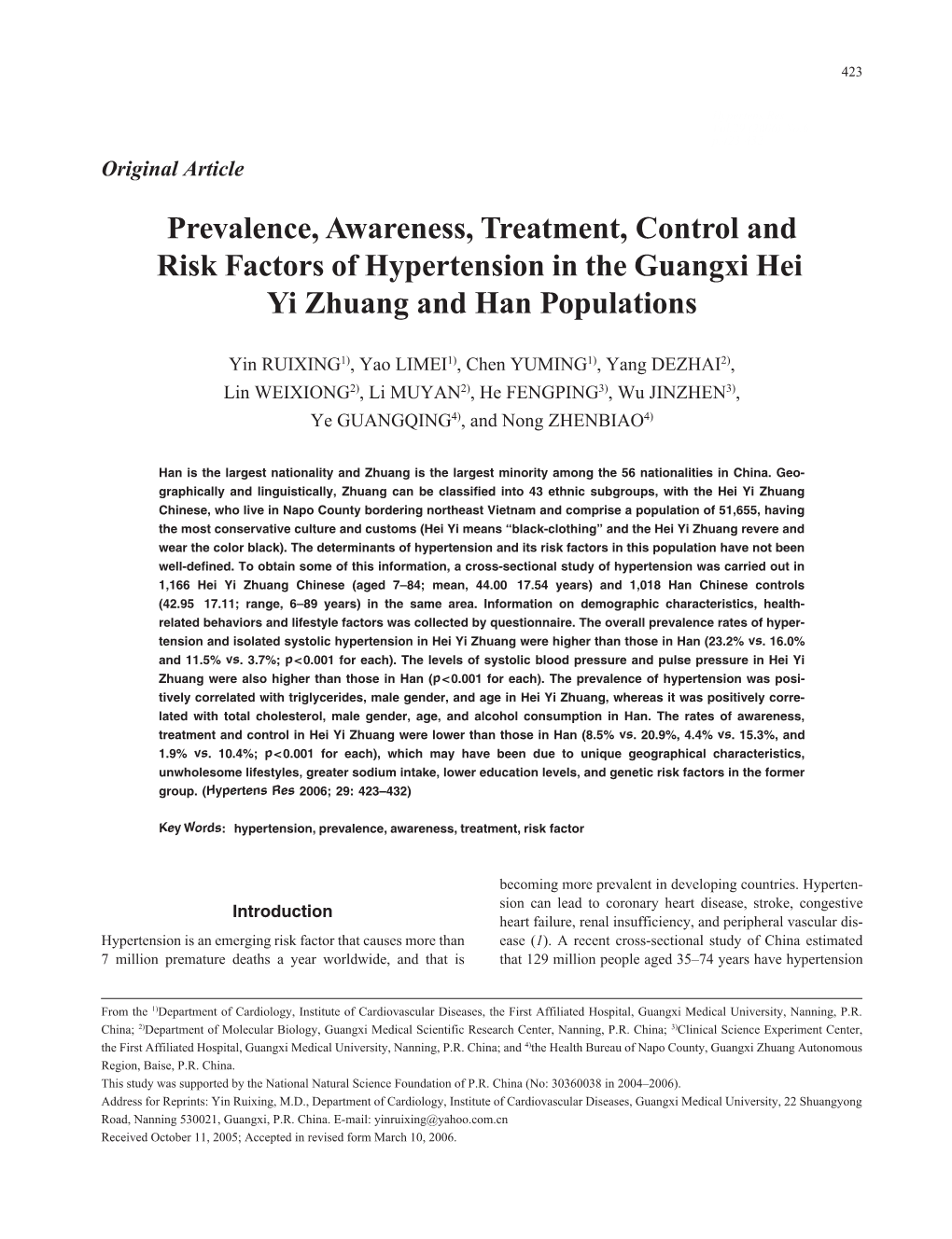 Prevalence, Awareness, Treatment, Control and Risk Factors of Hypertension in the Guangxi Hei Yi Zhuang and Han Populations