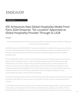 IOC Announces New Global Hospitality Model from Paris 2024 Onwards, “On Location” Appointed As Global Hospitality Provider Through to LA28