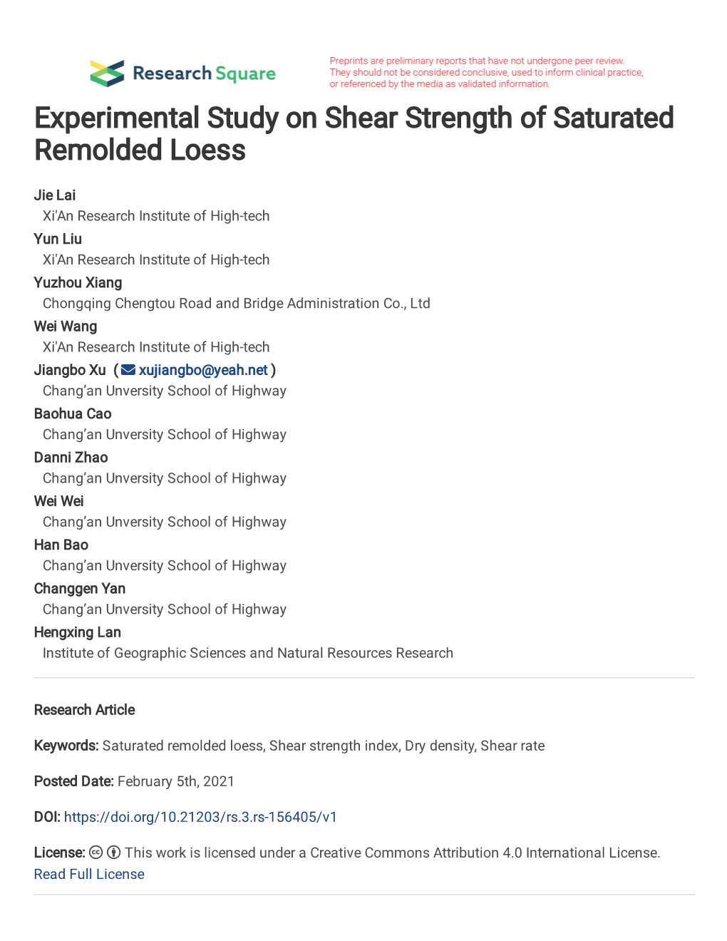 Experimental Study on Shear Strength of Saturated Remolded Loess