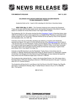 For Immediate Release May 13, 2021 Colorado