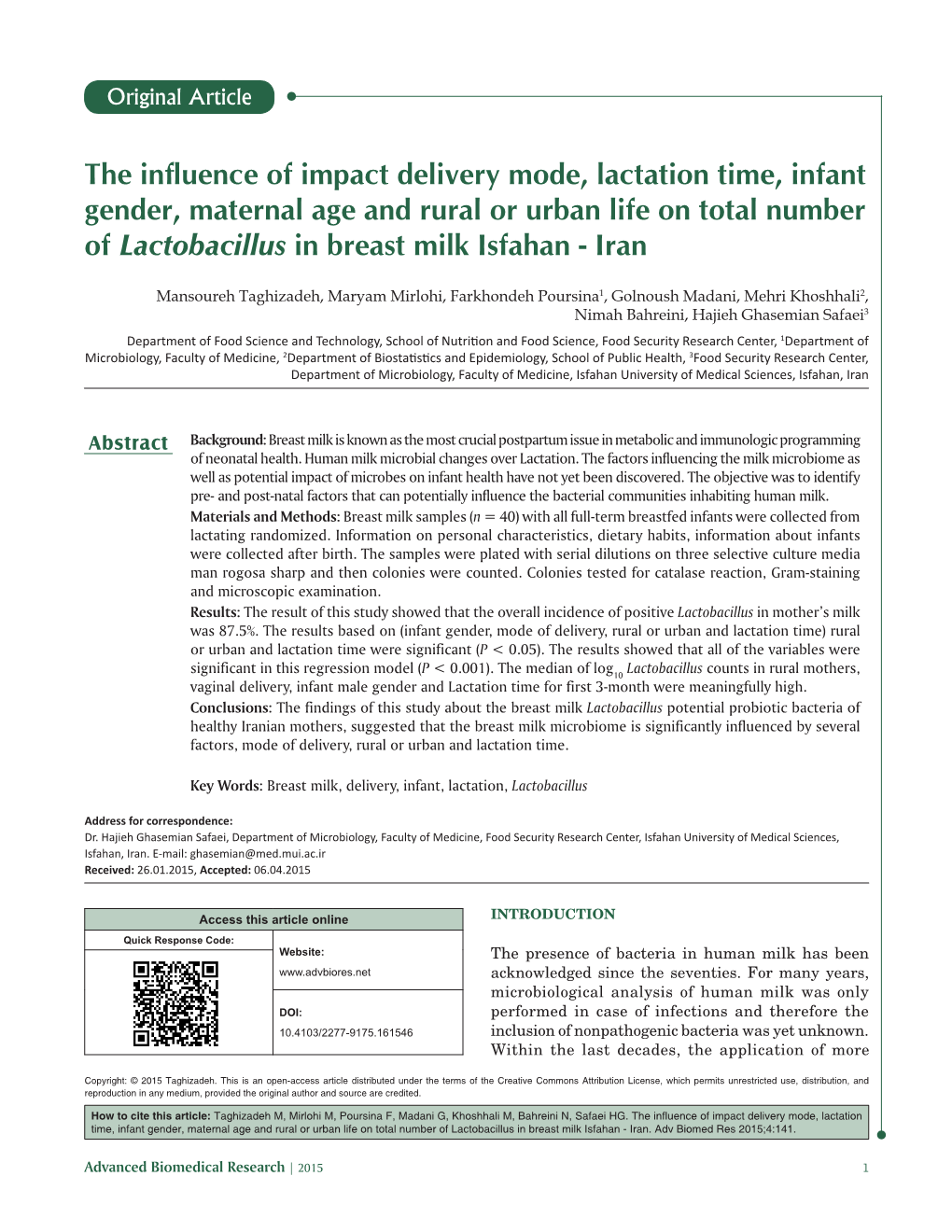 The Influence of Impact Delivery Mode, Lactation Time, Infant Gender, Maternal Age and Rural Or Urban Life on Total Number of La