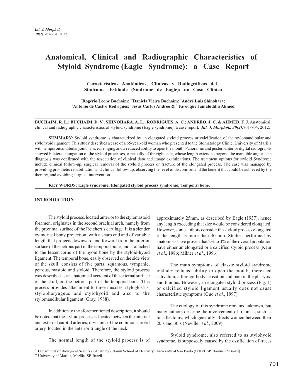 Anatomical, Clinical and Radiographic Characteristics of Styloid Syndrome (Eagle Syndrome): a Case Report