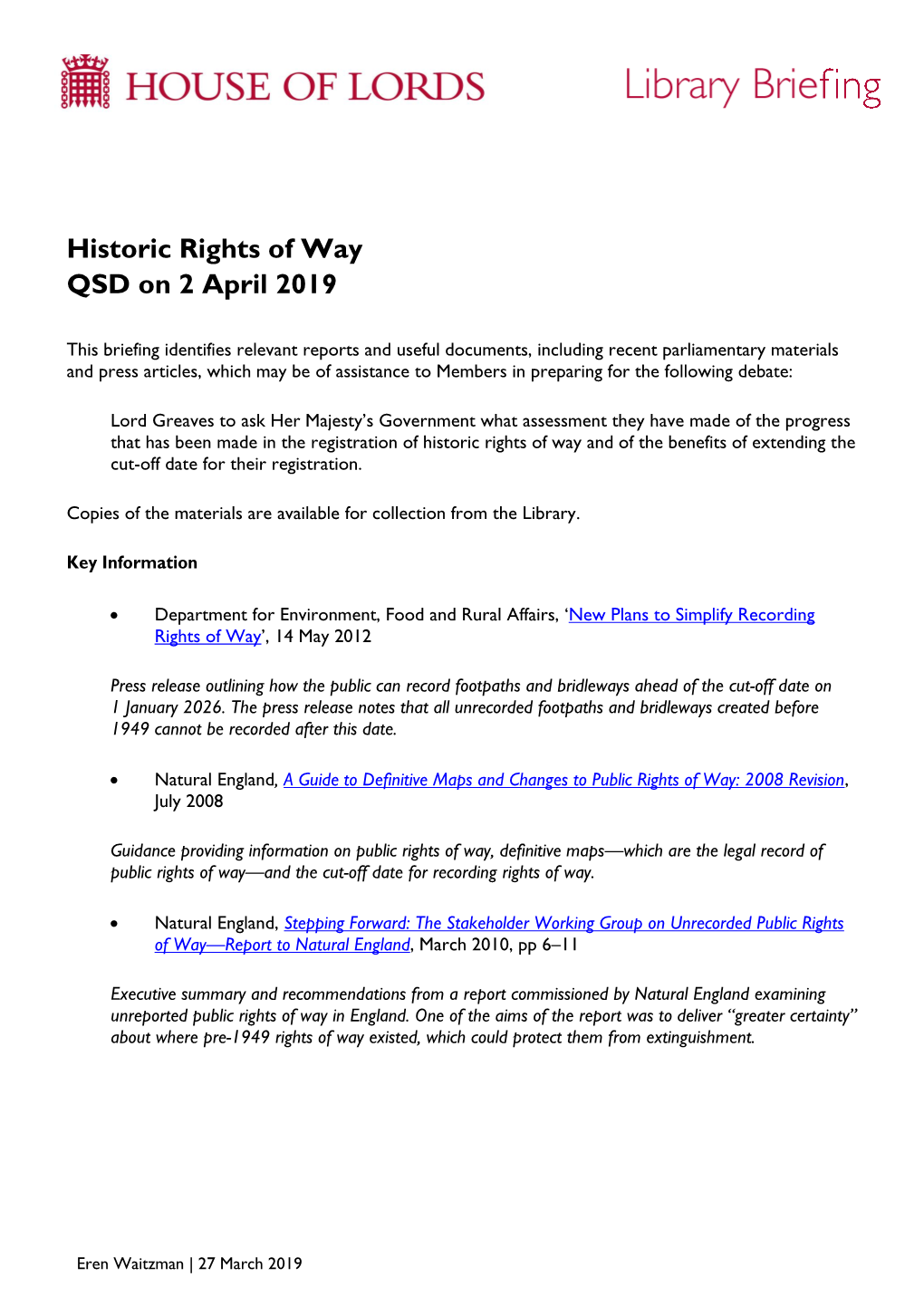 Historic Rights of Way QSD on 2 April 2019