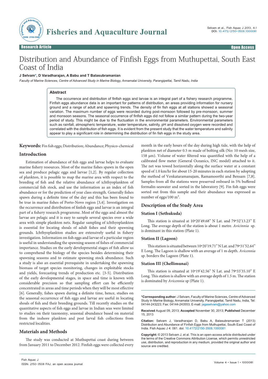 Distribution and Abundance of Finfish Eggs from Muthupettai, South East