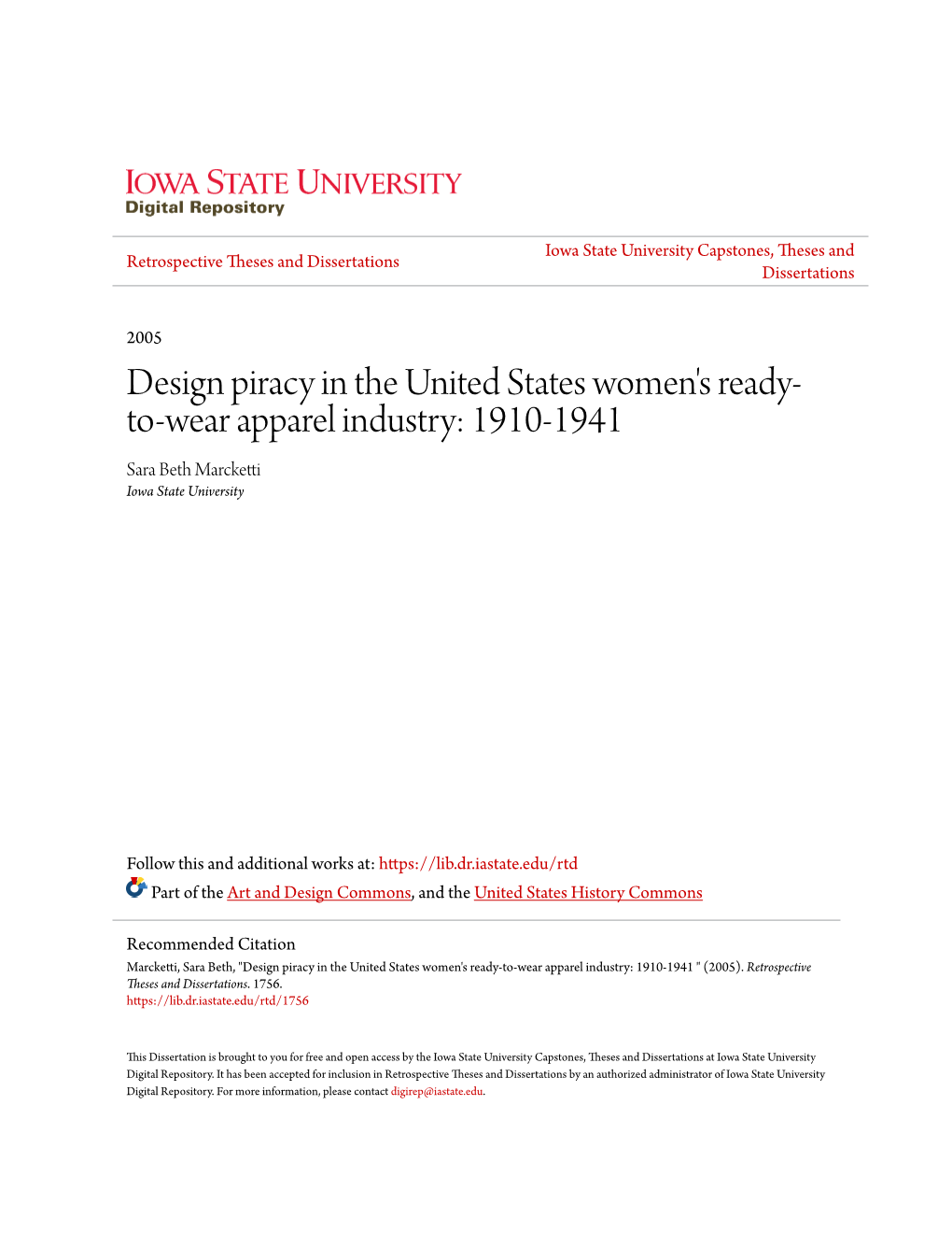 Design Piracy in the United States Women's Ready-To-Wear Apparel Industry: 1910-1941 