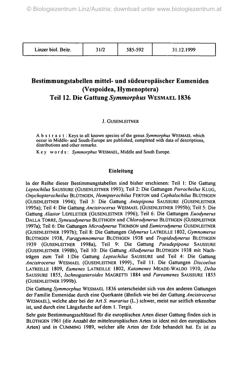 Bestimmungstabellen Mittel- Und Südeuropäischer Eumeniden (Vespoidea, Hymenoptera) Teil 12. Die Gattung Symmorphus WESMAEL 1836