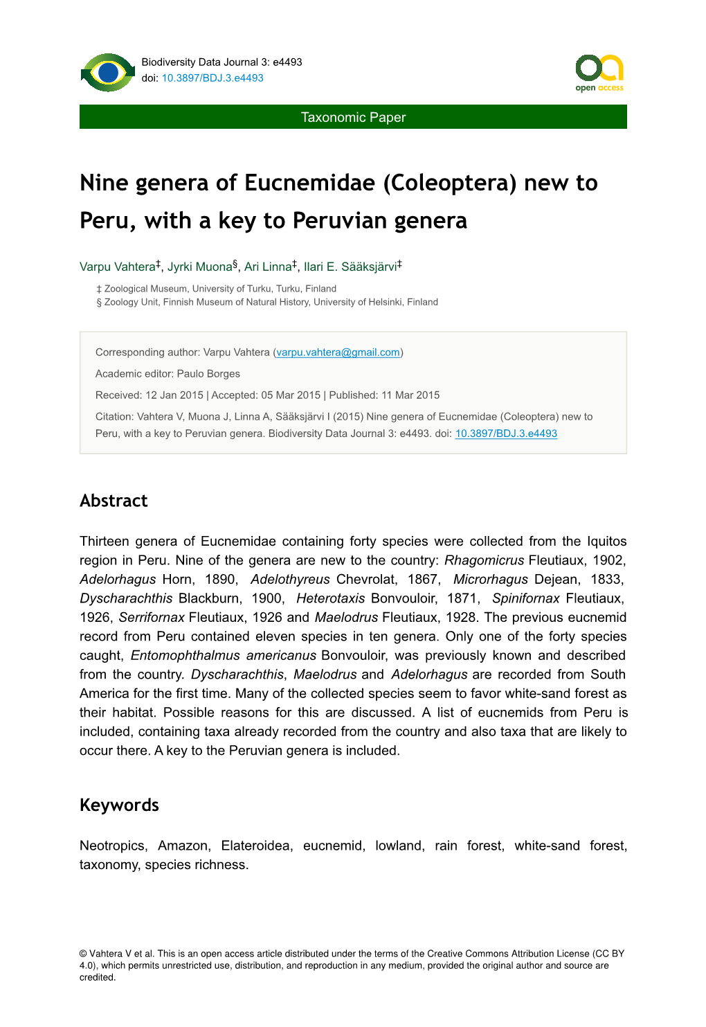 Nine Genera of Eucnemidae (Coleoptera) New to Peru, with a Key to Peruvian Genera