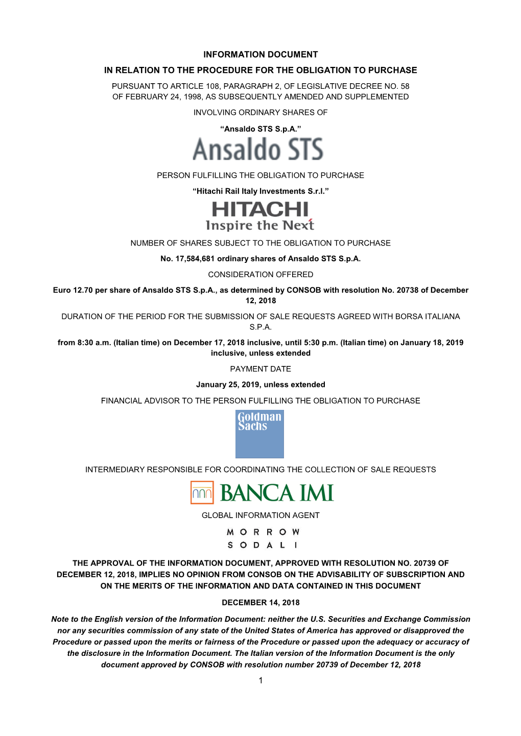 Information Document in Relation to the Procedure for the Obligation to Purchase Pursuant to Article 108, Paragraph 2, of Legislative Decree No