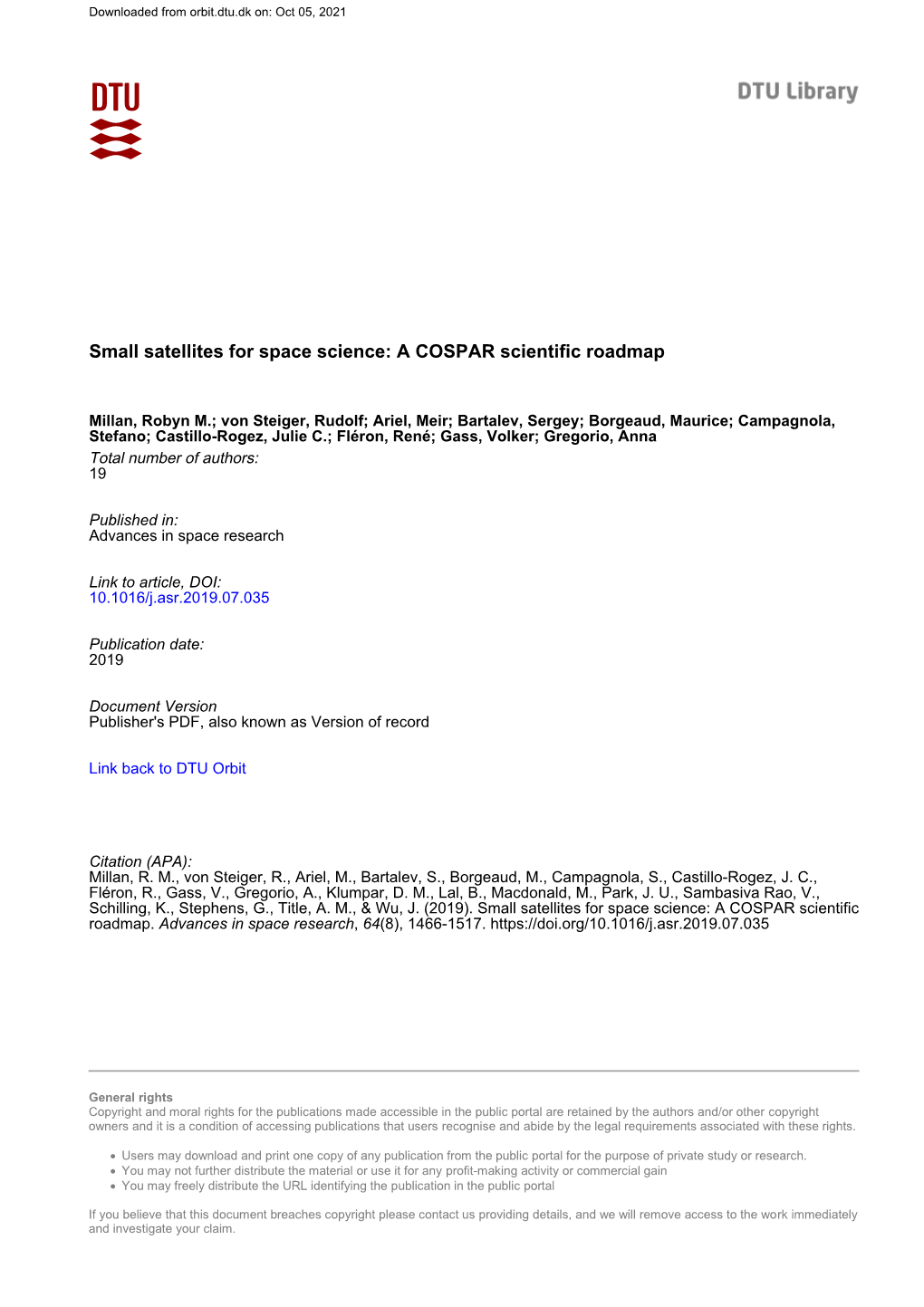 Small Satellites for Space Science: a COSPAR Scientific Roadmap