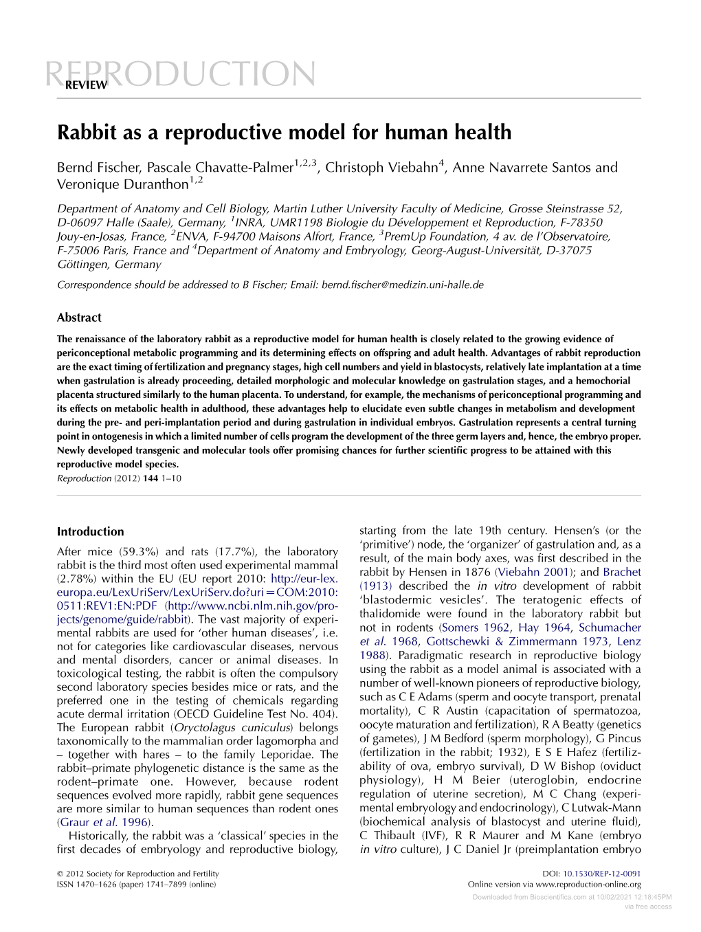 Rabbit As a Reproductive Model for Human Health