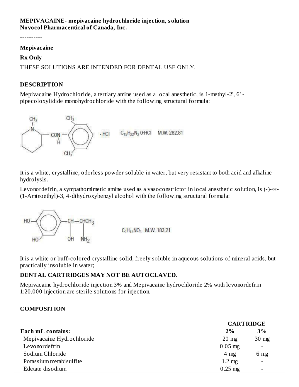 MEPIVACAINE- Mepivacaine Hydrochloride Injection, Solution Novocol Pharmaceutical of Canada, Inc