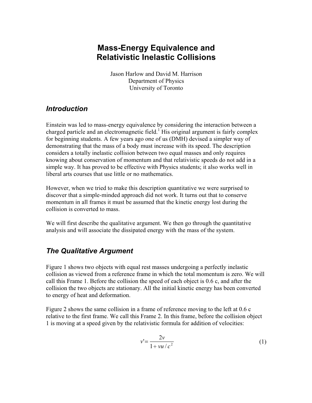 Mass-Energy Equivalence and Relativistic Inelastic Collisions