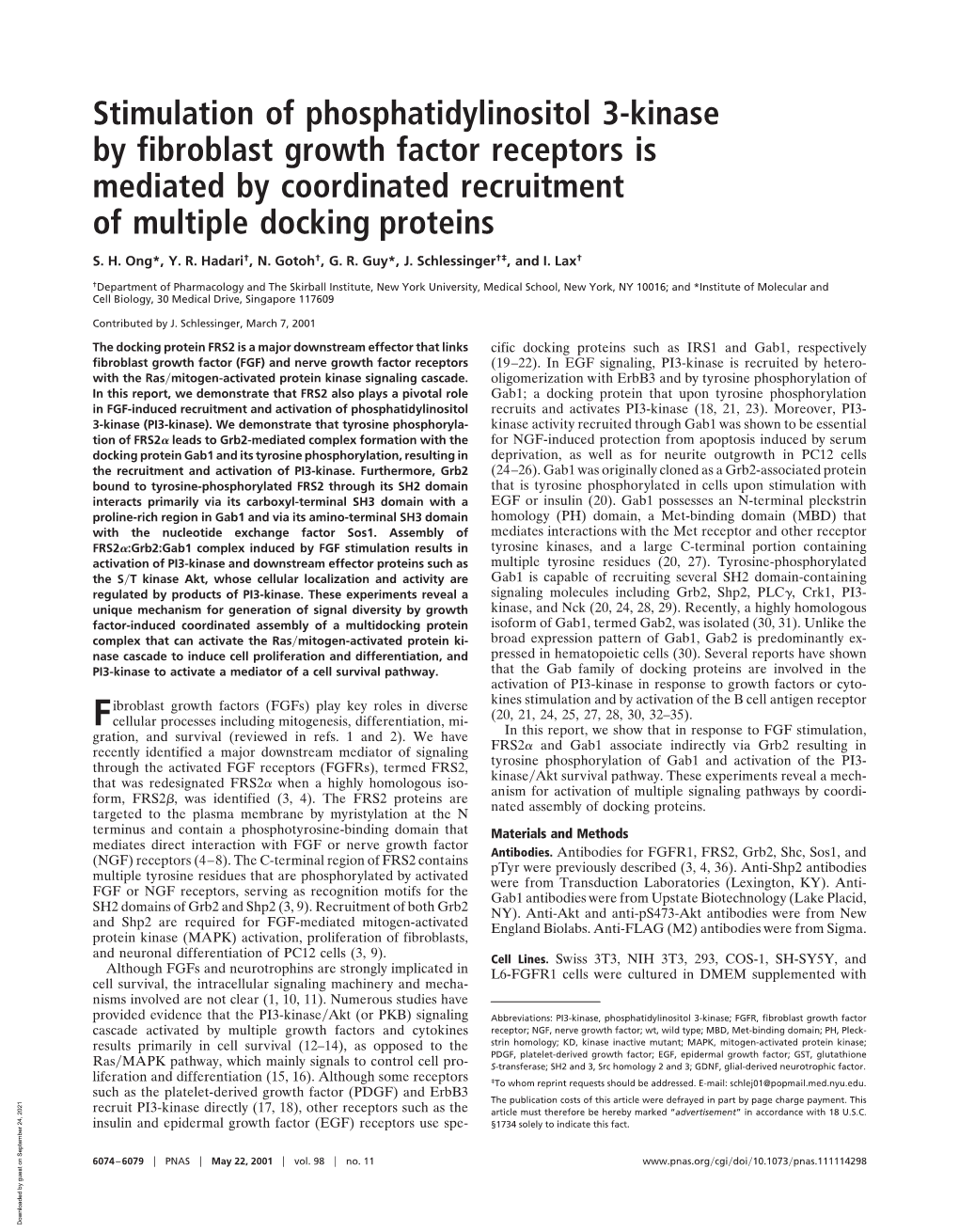 Stimulation of Phosphatidylinositol 3-Kinase by Fibroblast Growth Factor Receptors Is Mediated by Coordinated Recruitment of Multiple Docking Proteins