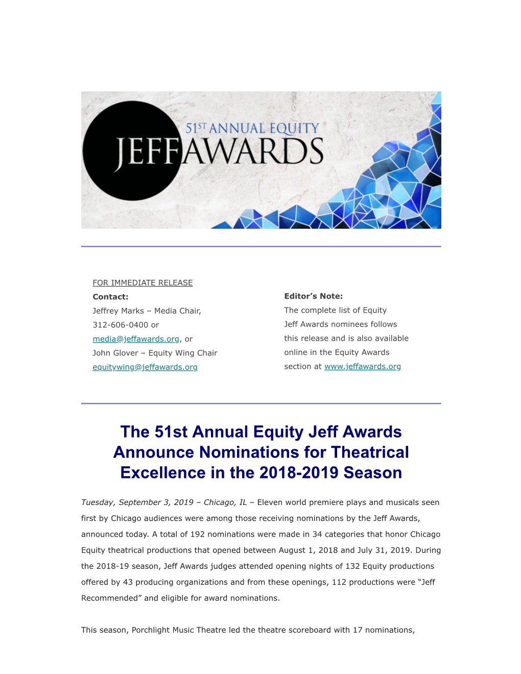 The 51St Annual Equity Jeff Awards Announce Nominations for Theatrical Excellence in the 2018-2019 Season
