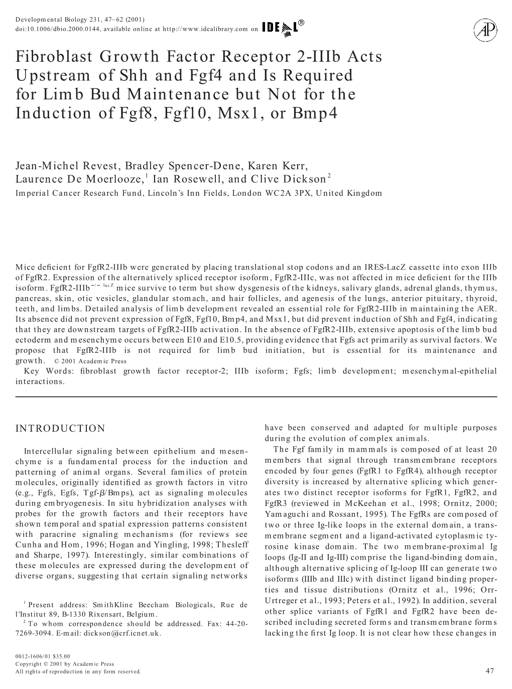 Fibroblast Growth Factor Receptor 2-Iiib Acts Upstream of Shh And