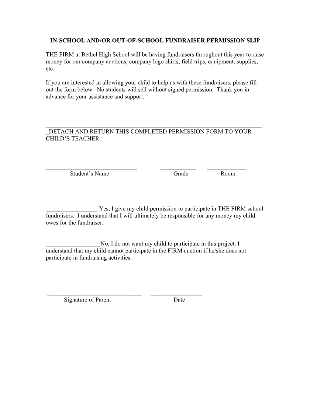 In-School Fundraiser Permission Slip