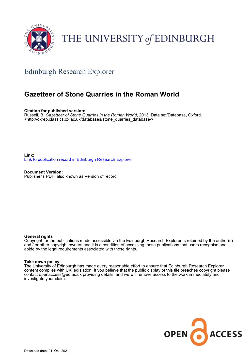 Gazetteer of Stone Quarries in the Roman World