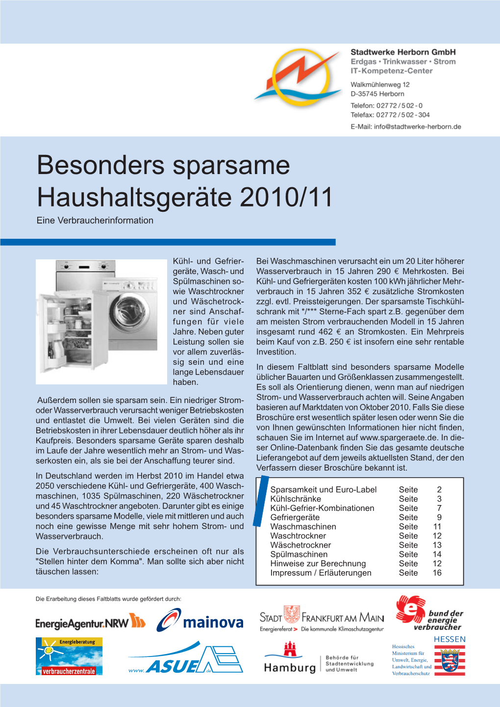 Besonders Sparsame Haushaltsgeräte 2010/11 Eine Verbraucherinformation