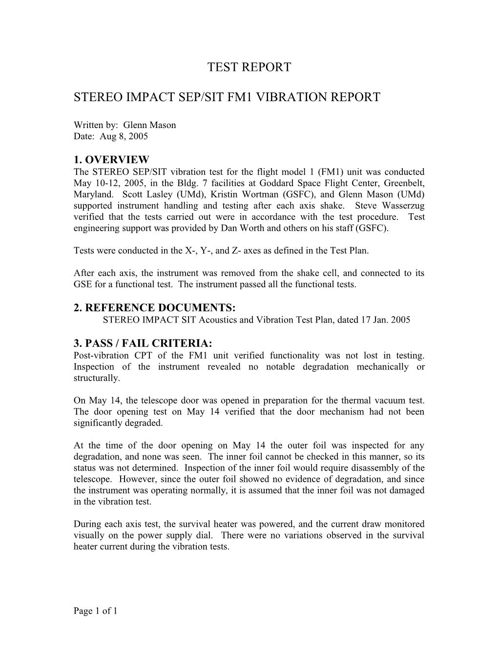 Stereo Impact Sep/Sit Fm1 Vibration Report