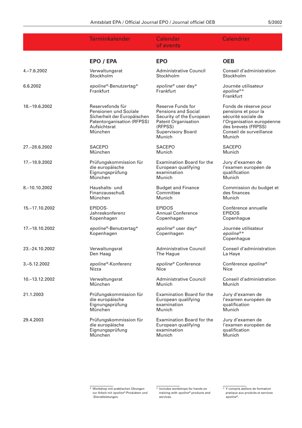 EPO / EPA EPO OEB Terminkalender Calendar Calendrier of Events