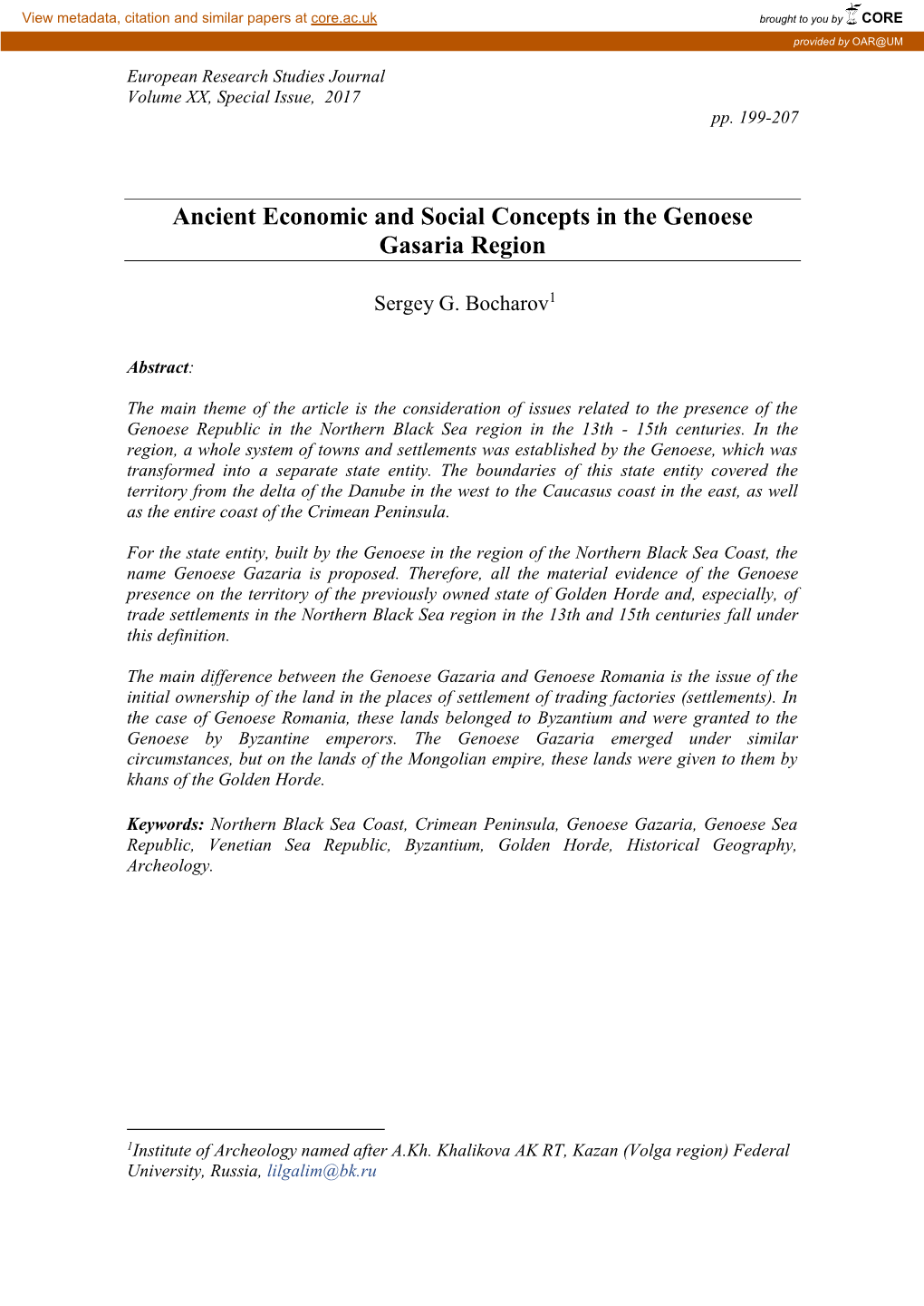 Ancient Economic and Social Concepts in the Genoese Gasaria Region