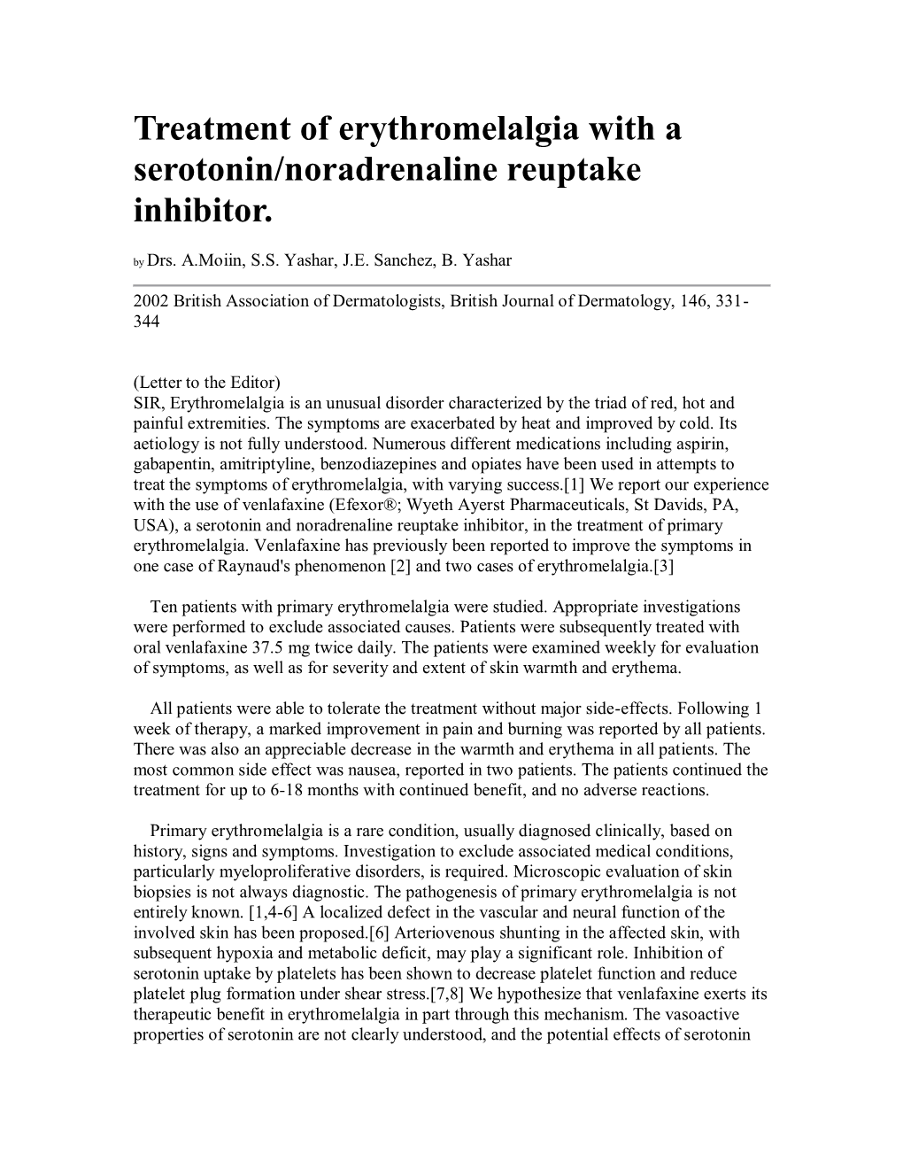 Treatment of Erythromelalgia with a Serotonin/Noradrenaline Reuptake Inhibitor