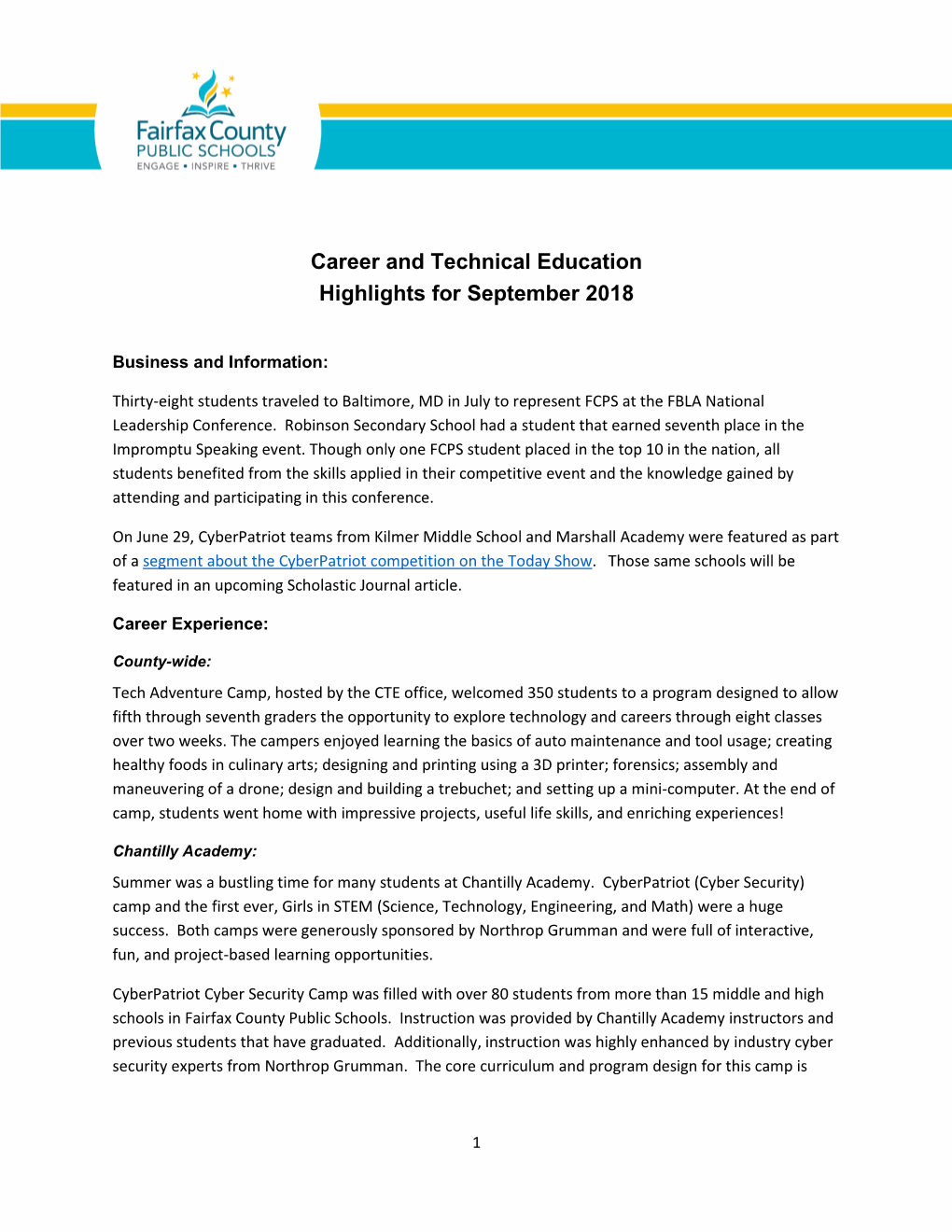 Career and Technical Education Highlights for September 2018
