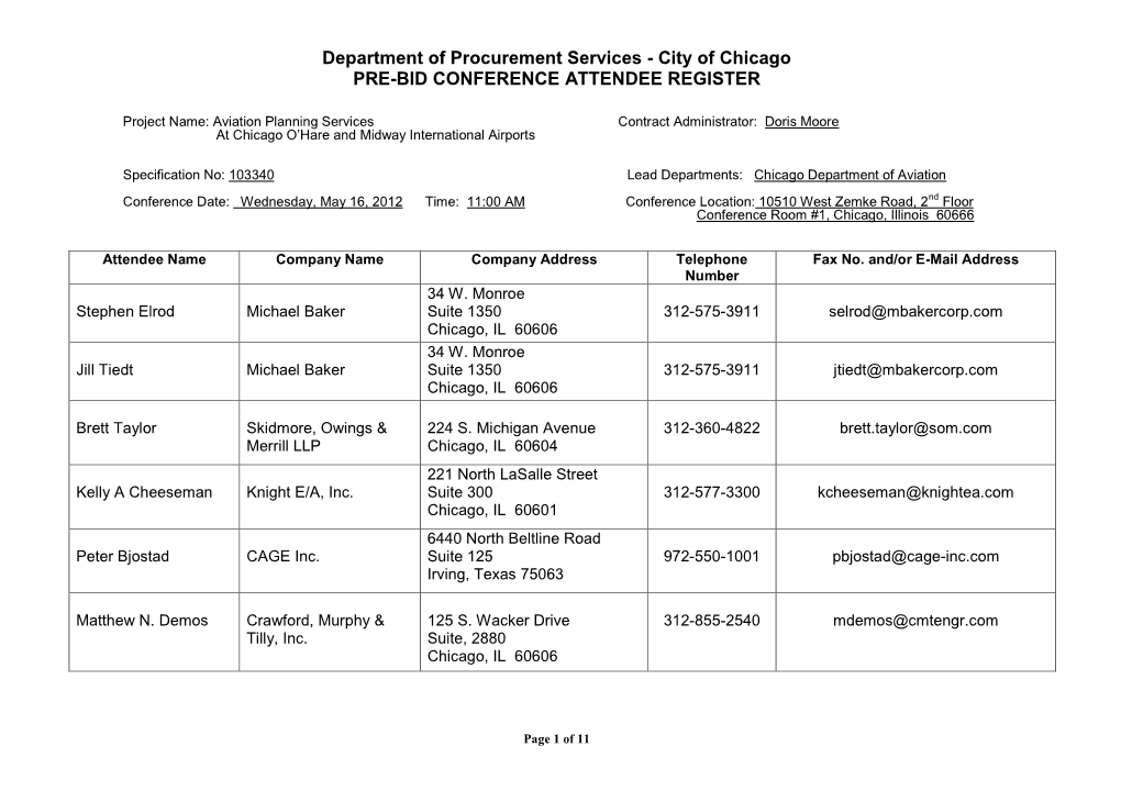 Department of Procurement Services - City of Chicago PRE-BID CONFERENCE ATTENDEE REGISTER