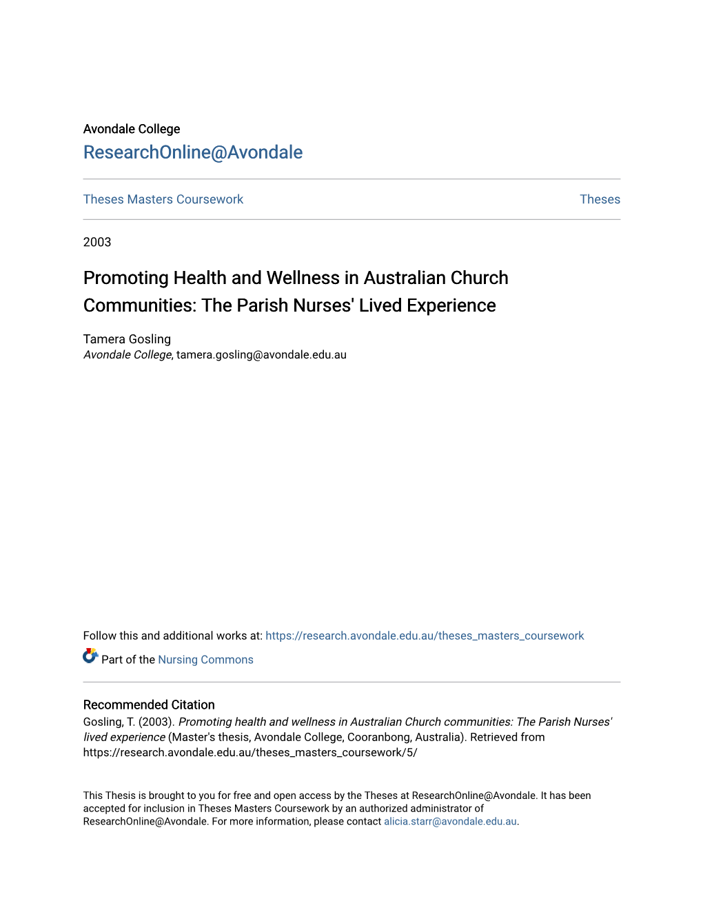 Promoting Health and Wellness in Australian Church Communities: the Parish Nurses' Lived Experience