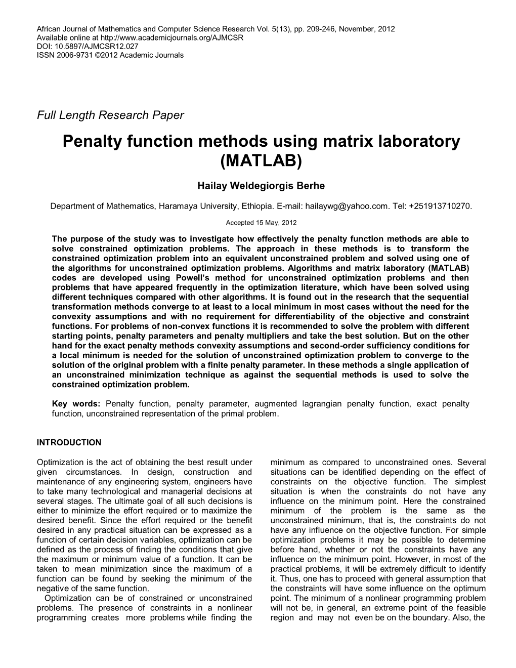 Penalty Function Methods Using Matrix Laboratory (MATLAB)