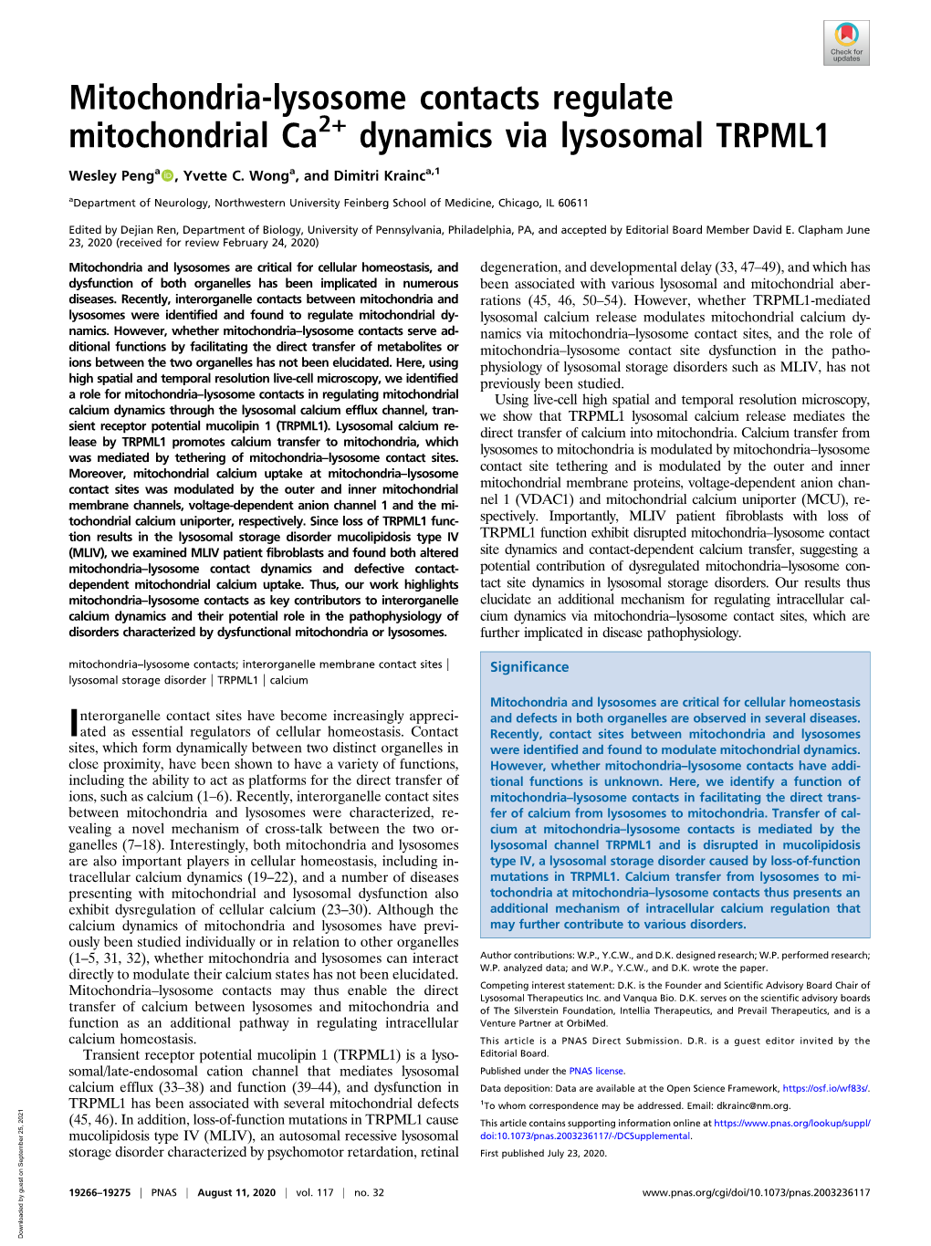 Mitochondria-Lysosome Contacts Regulate Mitochondrial Ca2+ Dynamics Via Lysosomal TRPML1