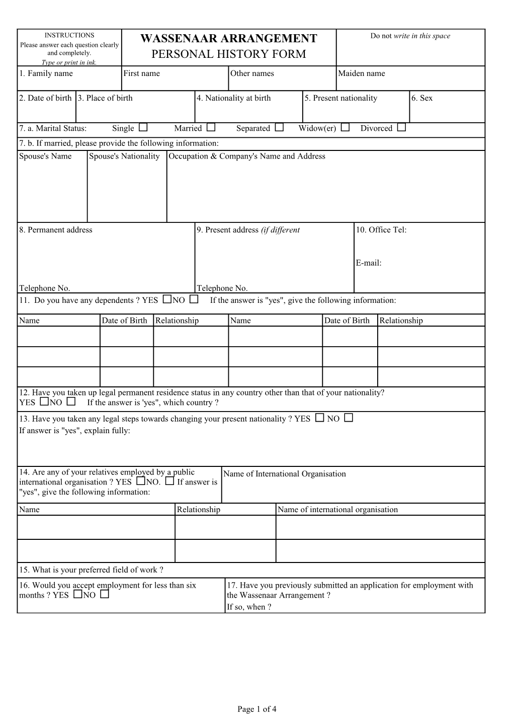 Wassenaar Arrangement Personal History Form