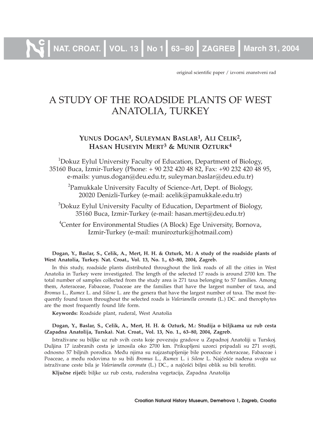 A Study of the Roadside Plants of West Anatolia, Turkey