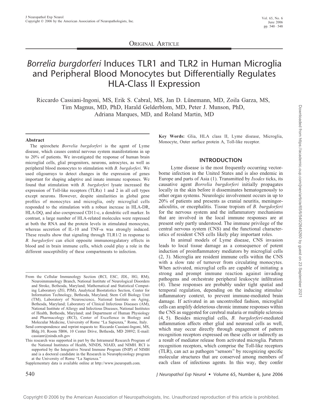 Borrelia Burgdorferi Induces TLR1 and TLR2 in Human Microglia and Peripheral Blood Monocytes but Differentially Regulates HLA-Class II Expression