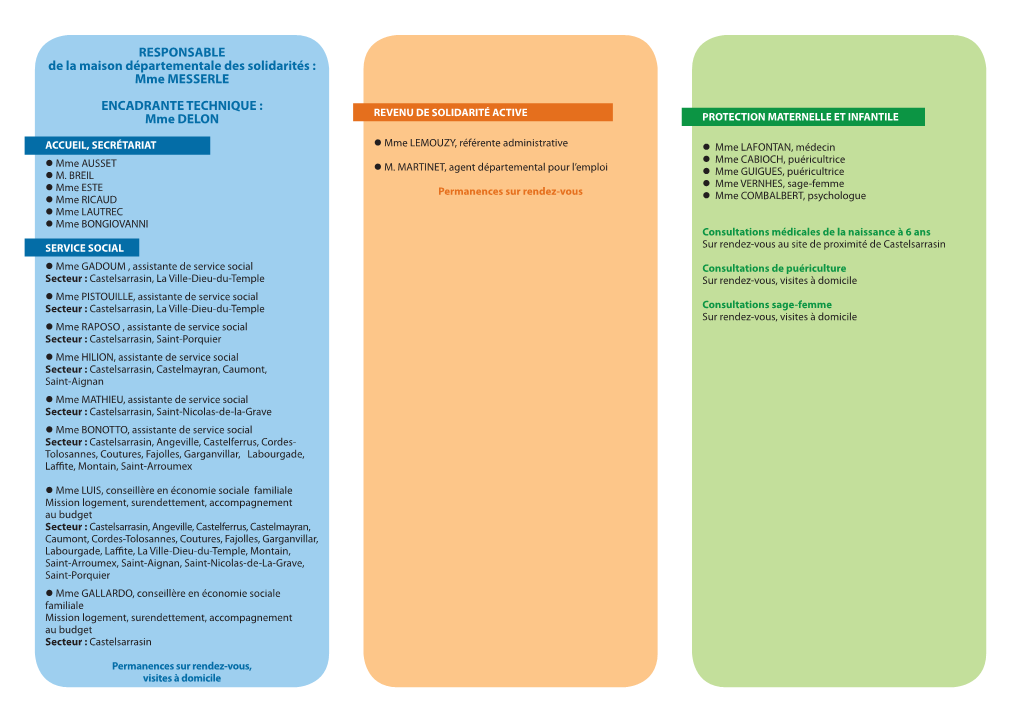 RESPONSABLE De La Maison Départementale Des Solidarités : Mme MESSERLE ENCADRANTE TECHNIQUE : Mme DELON REVENU DE SOLIDARITÉ ACTIVE PROTECTION MATERNELLE ET INFANTILE