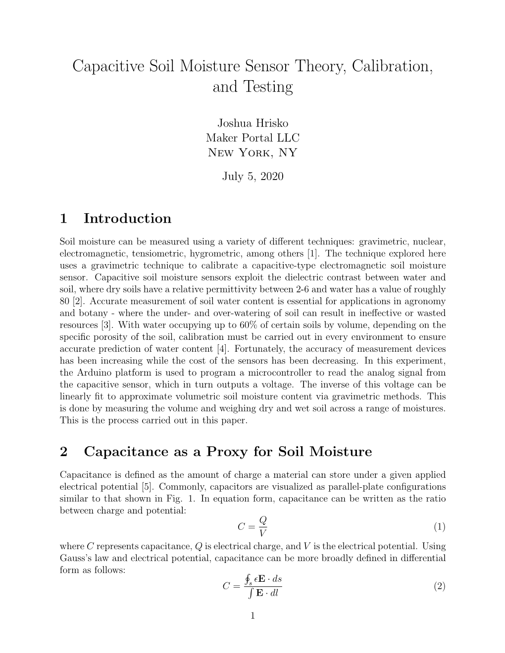 Capacitive Soil Moisture Sensor Theory, Calibration, and Testing