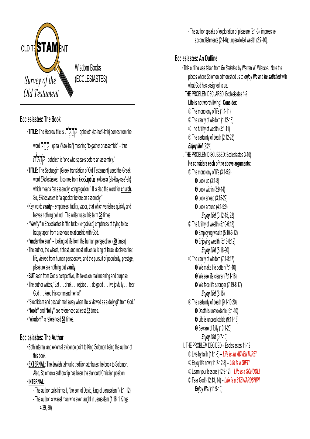 E:\Bible File\Old Testament Survey\Lesson 34 Ecclesiastes.Wpd