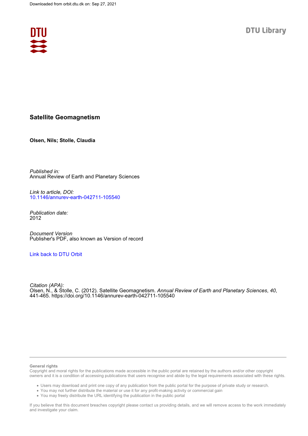 Satellite Geomagnetism