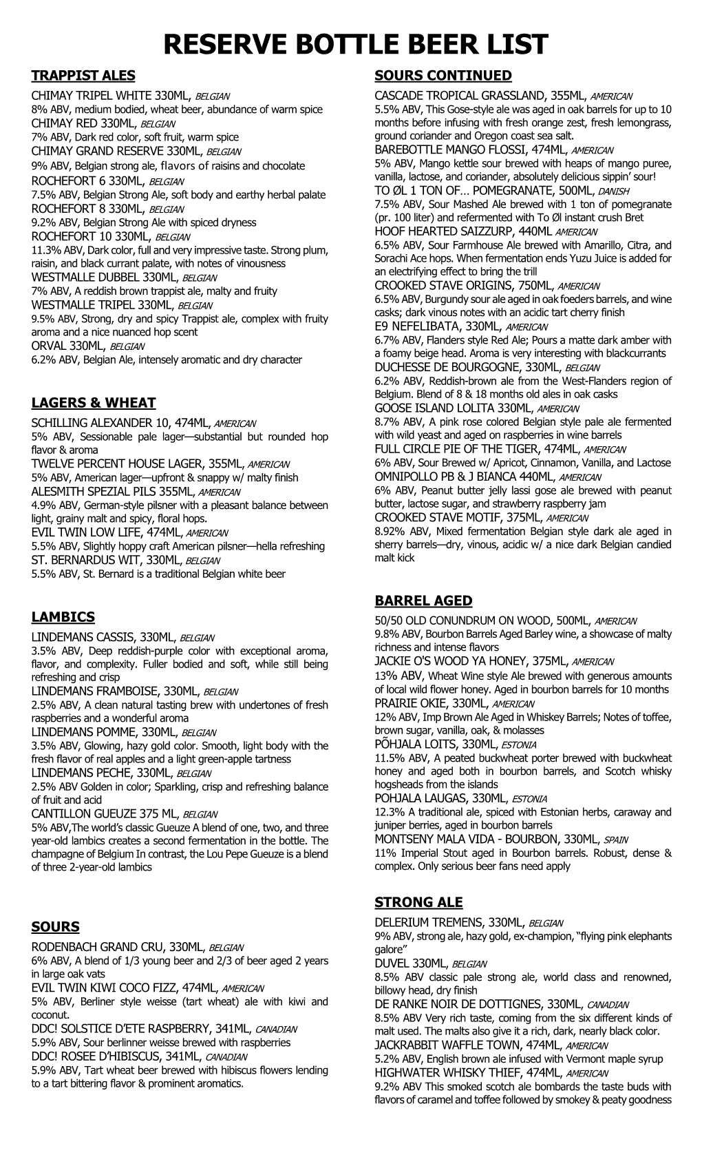 Reserve Bottle Beer List