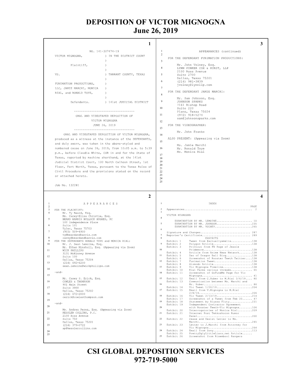 DEPOSITION of VICTOR MIGNOGNA June 26, 2019 972-719-5000 CSI