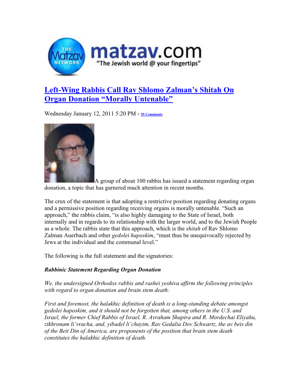 Left-Wing Rabbis Call Rav Shlomo Zalman's Shitah on Organ
