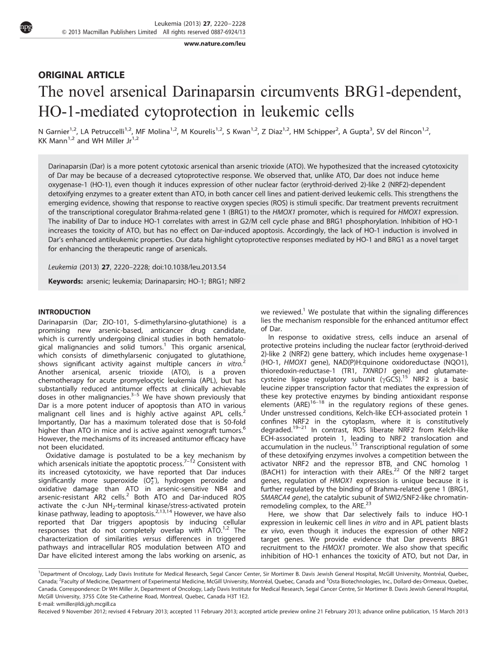 The Novel Arsenical Darinaparsin Circumvents BRG1-Dependent, HO-1-Mediated Cytoprotection in Leukemic Cells