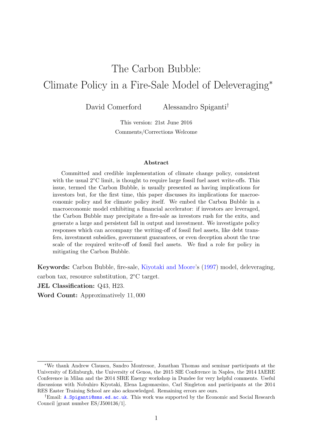 The Carbon Bubble: Climate Policy in a Fire-Sale Model of Deleveraging∗