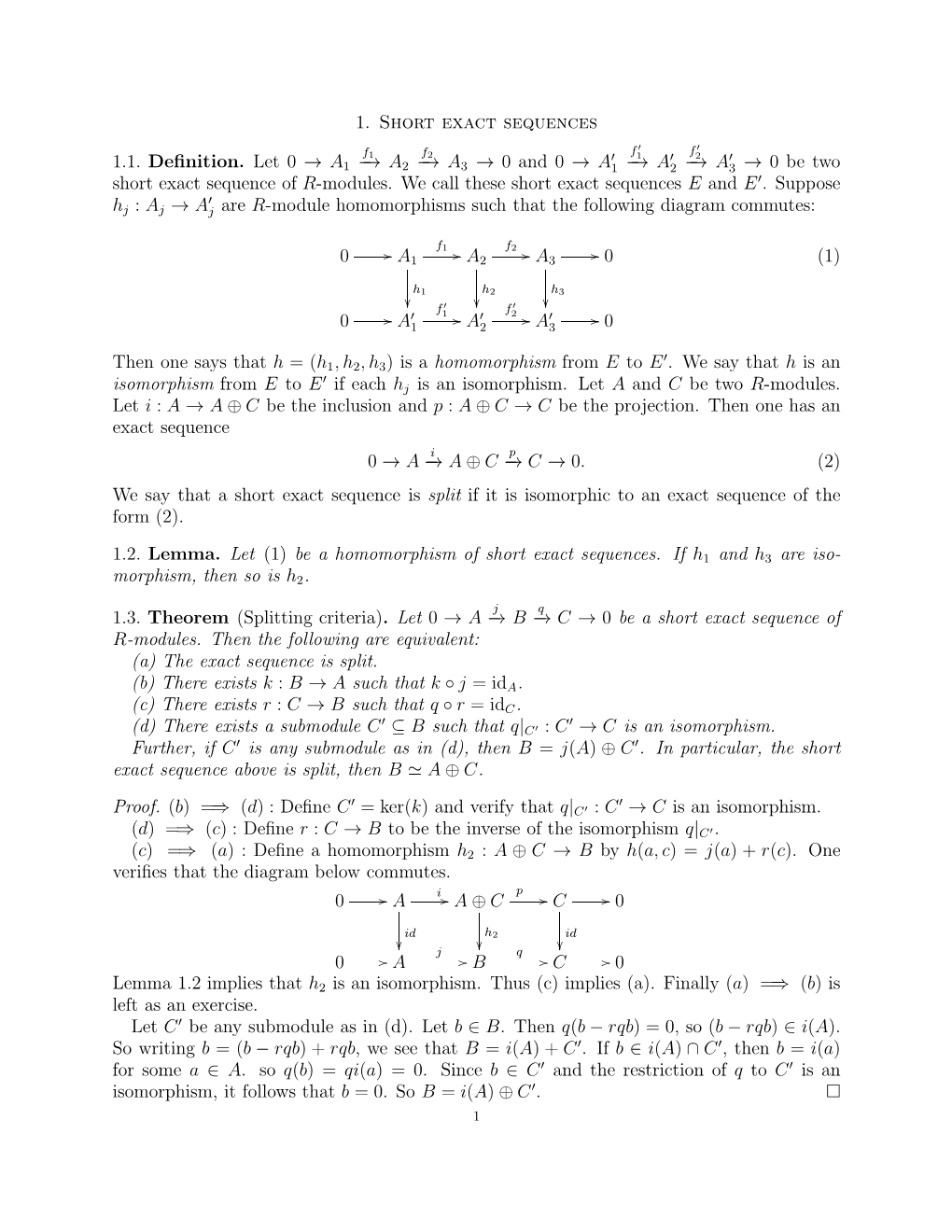 1. Short Exact Sequences 1.1. Definition