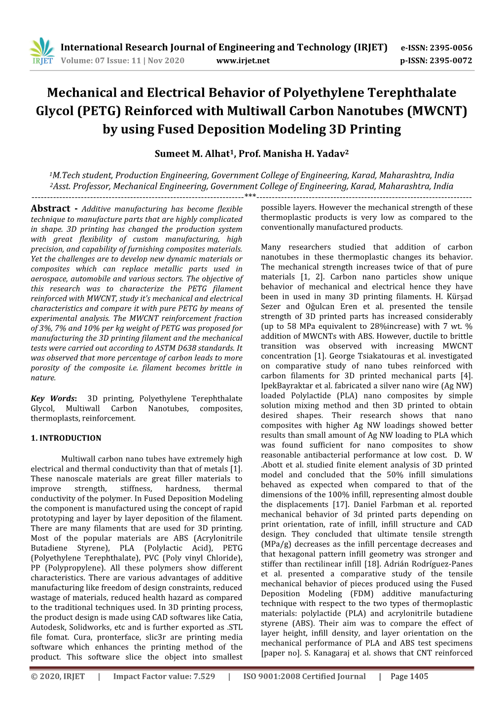 (PETG) Reinforced with Multiwall Carbon Nanotubes (MWCNT) by Using Fused Deposition Modeling 3D Printing