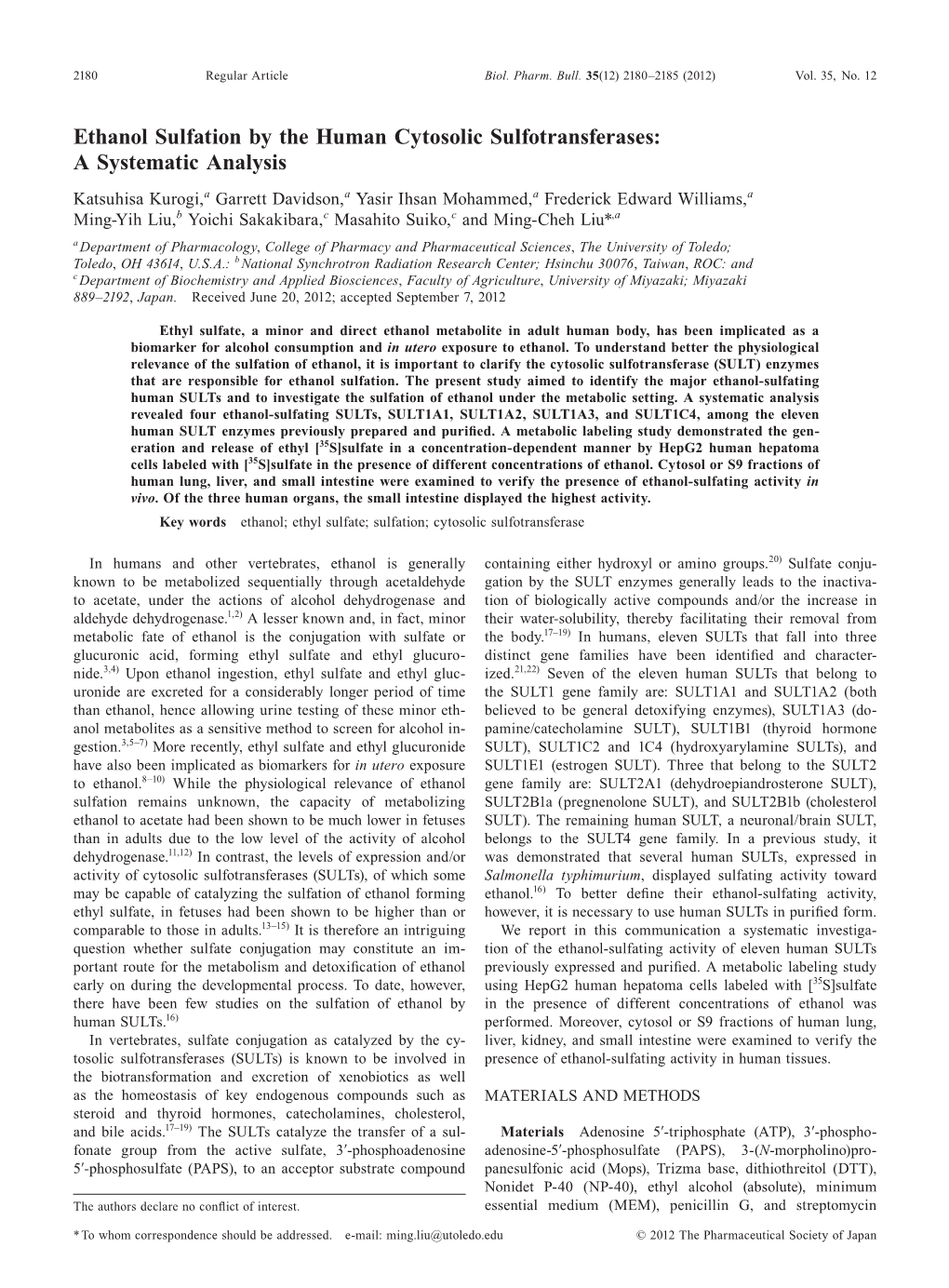 Ethanol Sulfation by the Human Cytosolic Sulfotransferases: a Systematic Analysis