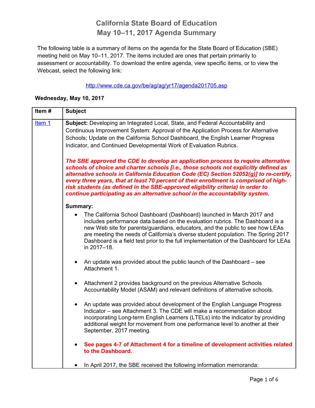 California State Board of Education May 10 11, 2017 Agenda Summary