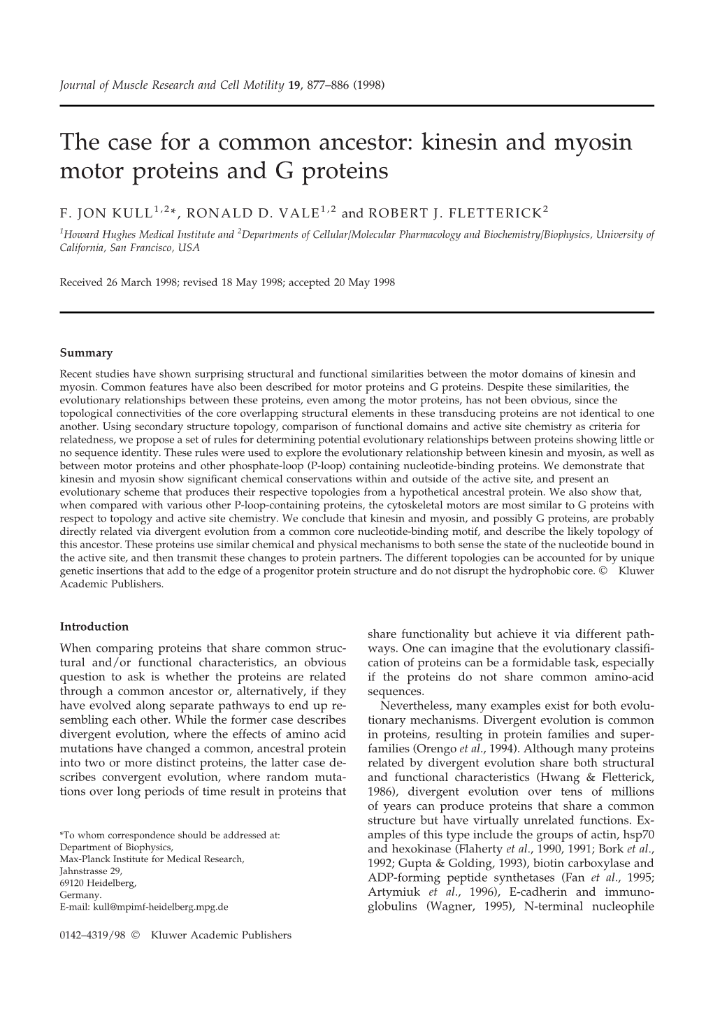 The Case for a Common Ancestor: Kinesin and Myosin Motor Proteins and G Proteins