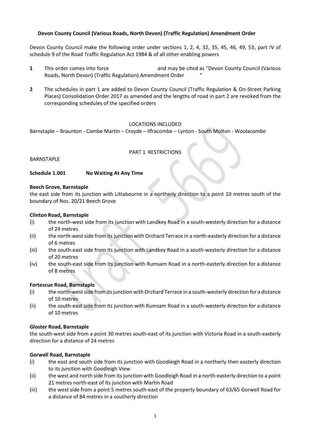 Various Roads, North Devon) (Traffic Regulation) Amendment Order